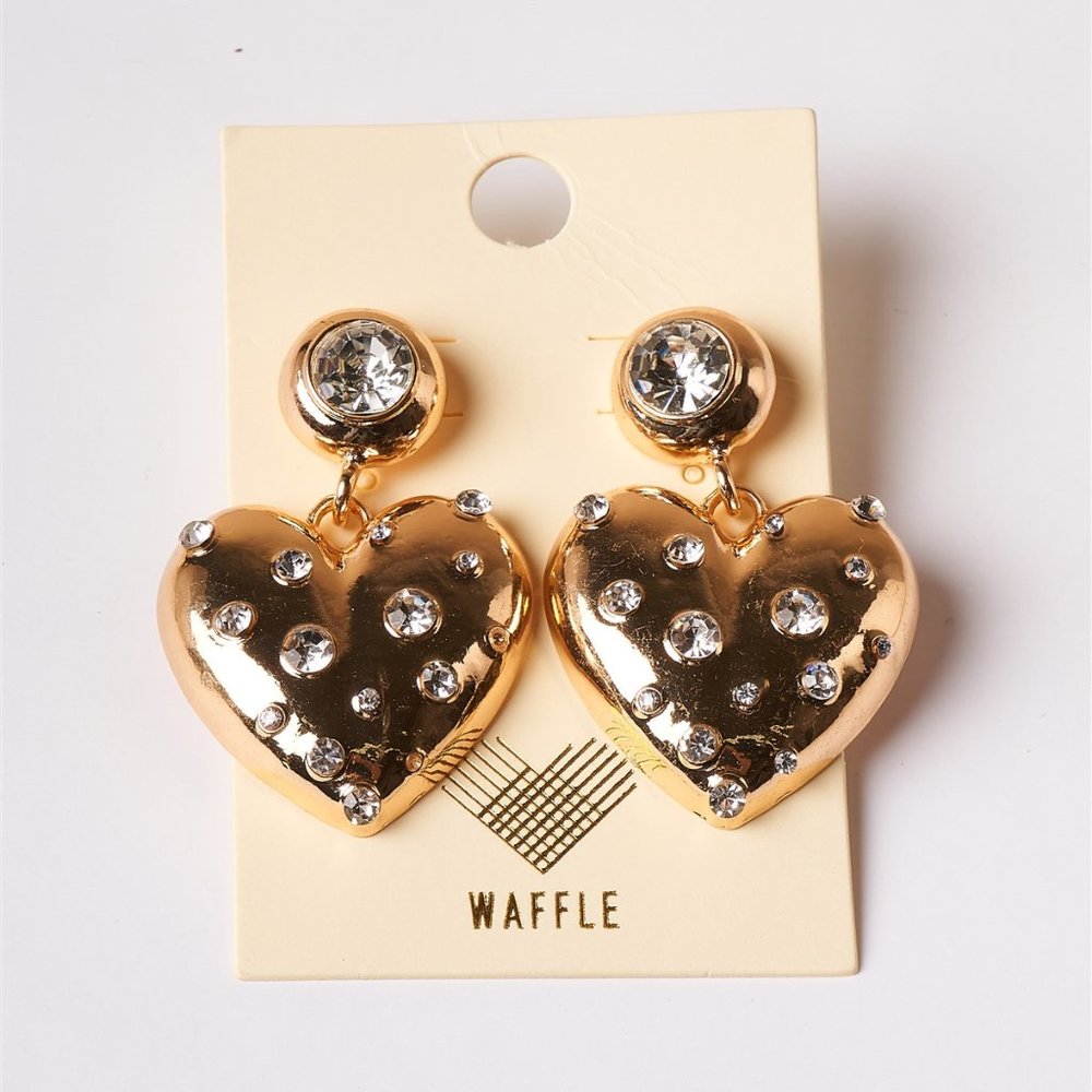 NEW Gold Giant Heart Rhinestone Dangle Earrings - Picture 2 of 5